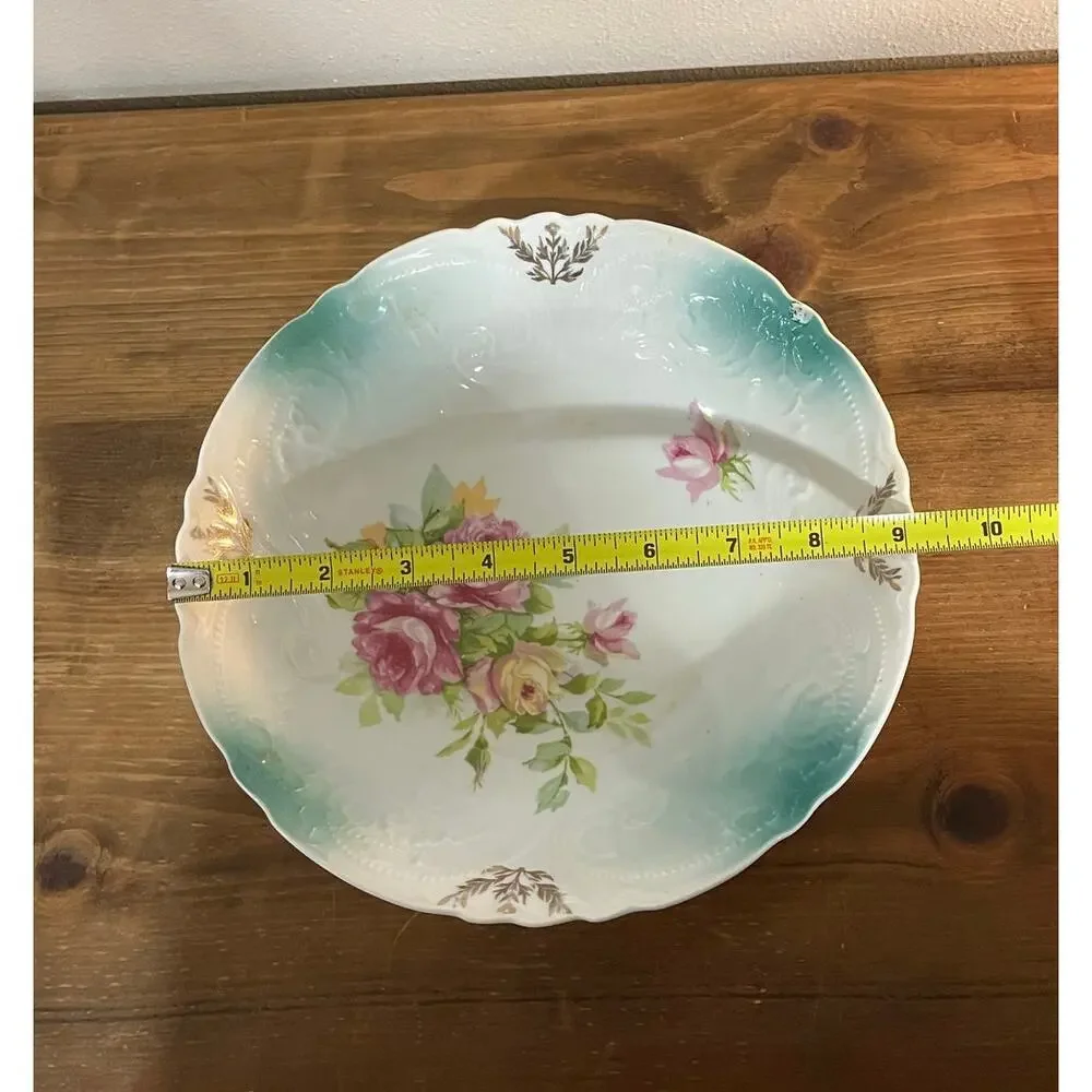 Vintage‎ Floral Serving Bowl 9” Pink Roses Gold Trim Cottagecore